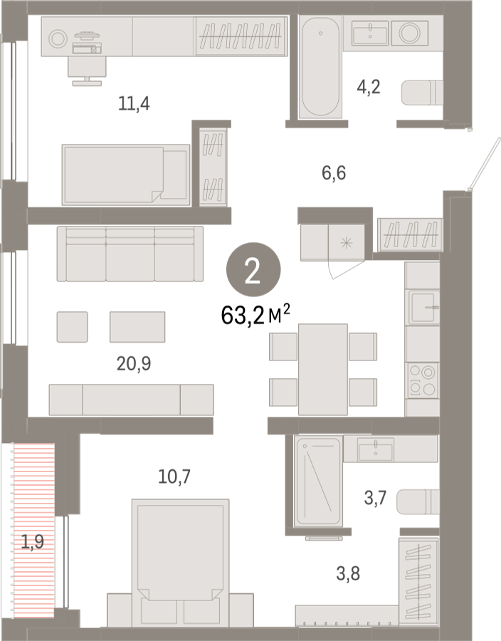 3-комнатная квартира в ЖК URAL на 19 этаже в 1 секции. Сдача в 4 кв. 2024 г.