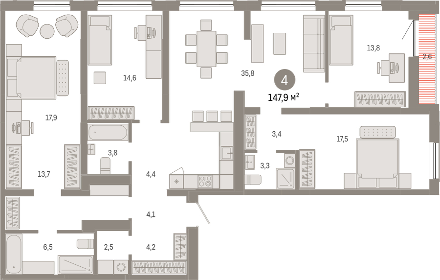 3-комнатная квартира в ЖК URAL на 7 этаже в 1 секции. Сдача в 4 кв. 2024 г.