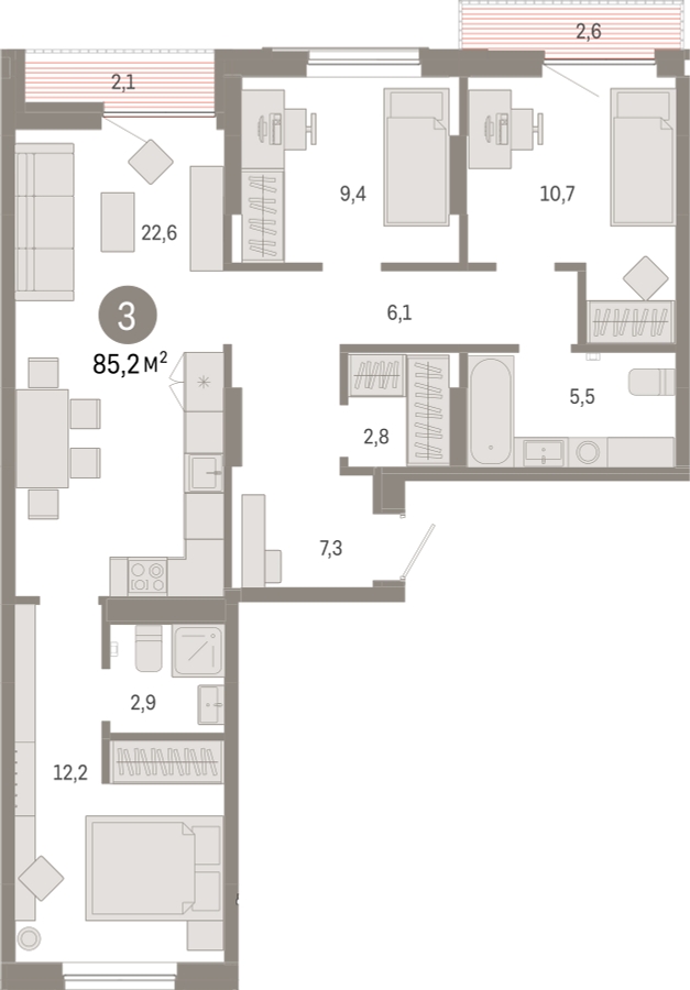 2-комнатная квартира с отделкой в ЖК Айвазовский City на 6 этаже в 7.1 секции. Сдача в 3 кв. 2026 г.