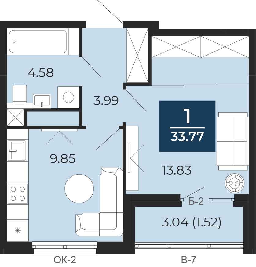 1-комнатная квартира в ЖК Бунинские кварталы на 12 этаже в 6 секции. Сдача в 2 кв. 2026 г.