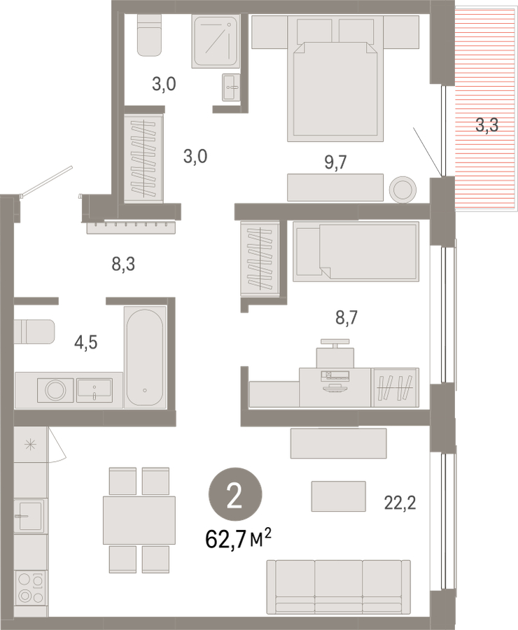 2-комнатная квартира в ЖК URAL на 17 этаже в 1 секции. Сдача в 4 кв. 2024 г.