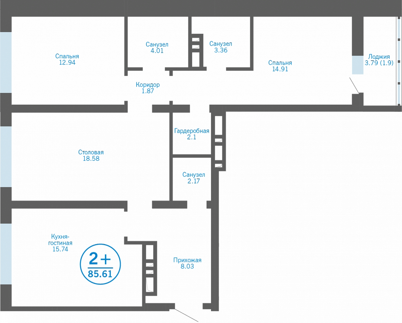 3-комнатная квартира в ЖК Бунинские кварталы на 3 этаже в 4 секции. Сдача в 2 кв. 2026 г.