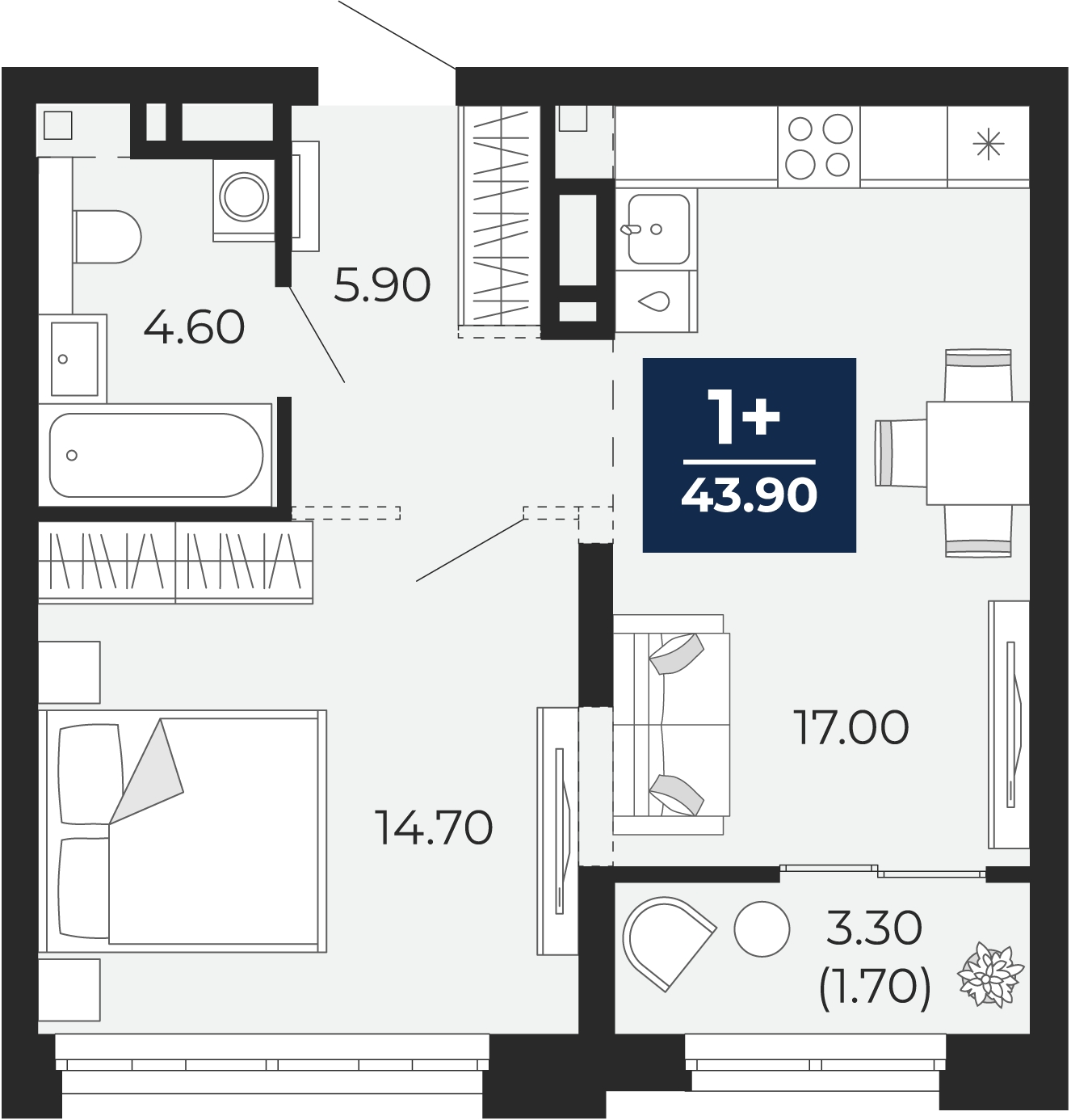 1-комнатная квартира в ЖК Бунинские кварталы на 13 этаже в 3 секции. Сдача в 2 кв. 2026 г.