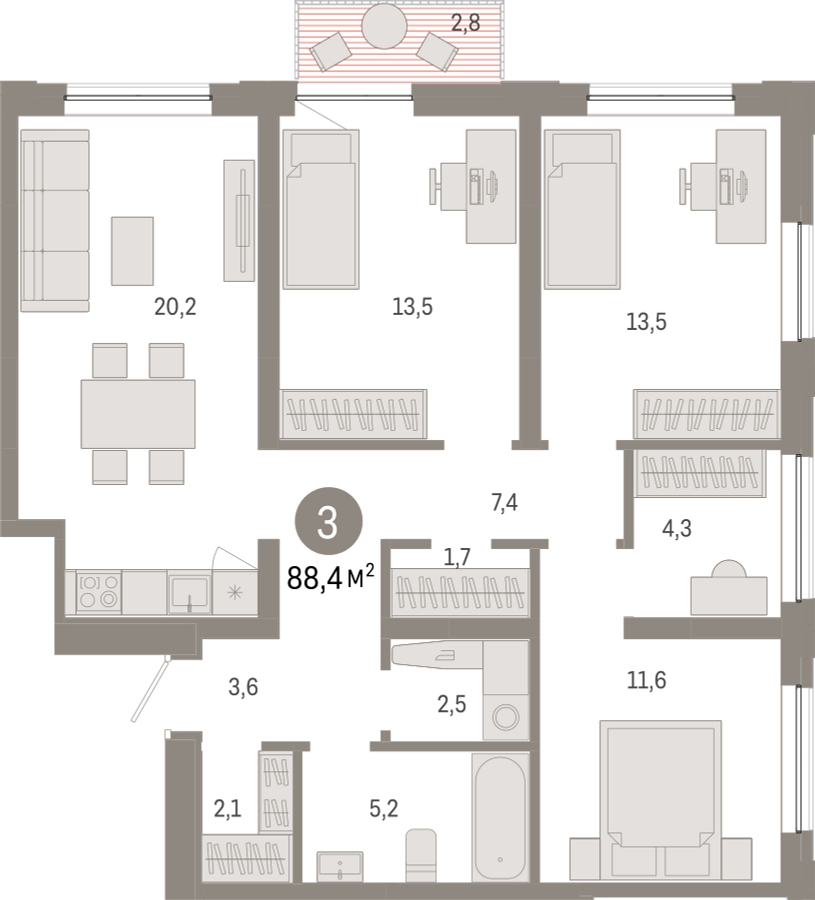 2-комнатная квартира в ЖК Небо на 5 этаже в 1 секции. Сдача в 2 кв. 2025 г.