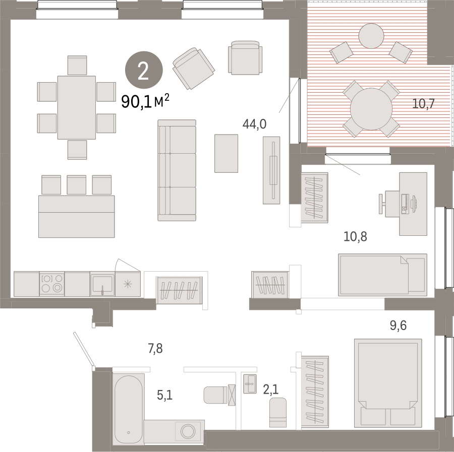 3-комнатная квартира в ЖК URAL на 13 этаже в 1 секции. Сдача в 4 кв. 2024 г.