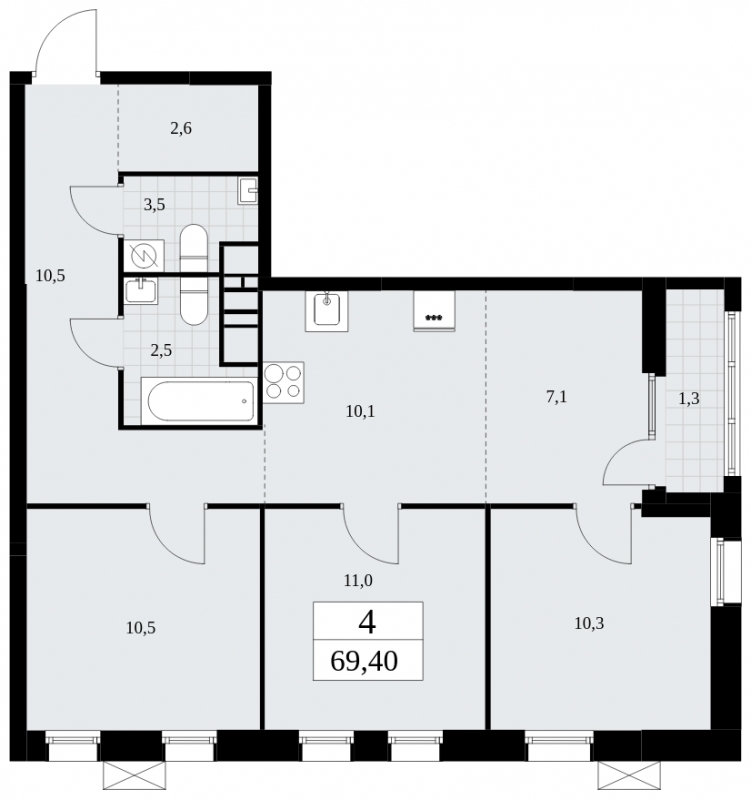 3-комнатная квартира с отделкой в ЖК Айвазовский City на 13 этаже в 7.4 секции. Сдача в 3 кв. 2026 г.