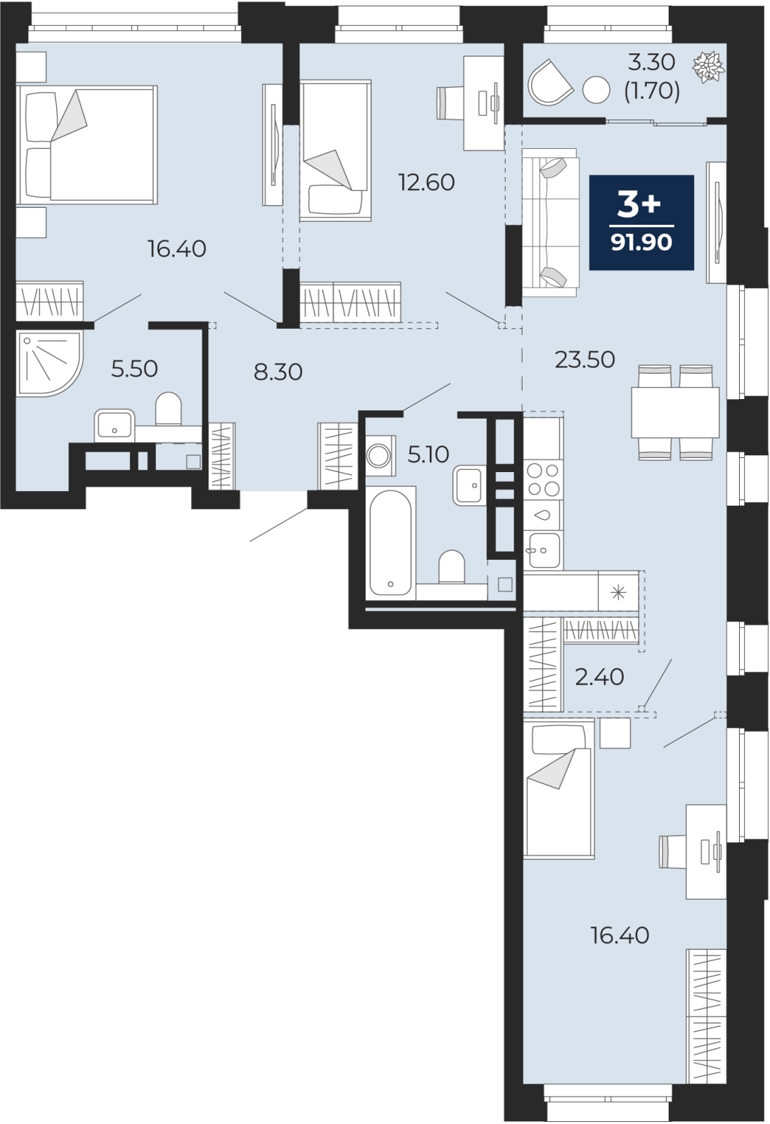 3-комнатная квартира с отделкой в ЖК Айвазовский City на 4 этаже в 7.4 секции. Сдача в 3 кв. 2026 г.