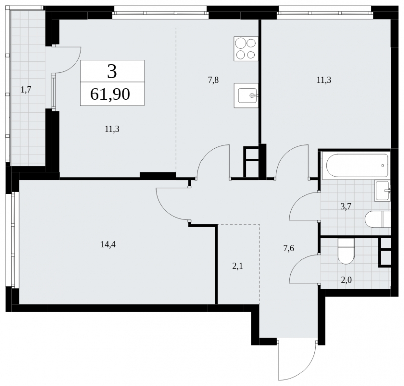 3-комнатная квартира в ЖК Headliner на 14 этаже в 4 секции. Сдача в 4 кв. 2022 г.
