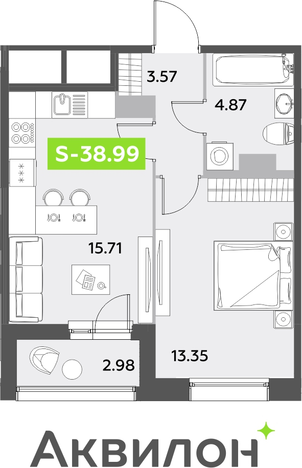 1-комнатная квартира (Студия) с отделкой в ЖК Прео на 14 этаже в 1 секции. Сдача в 4 кв. 2025 г.