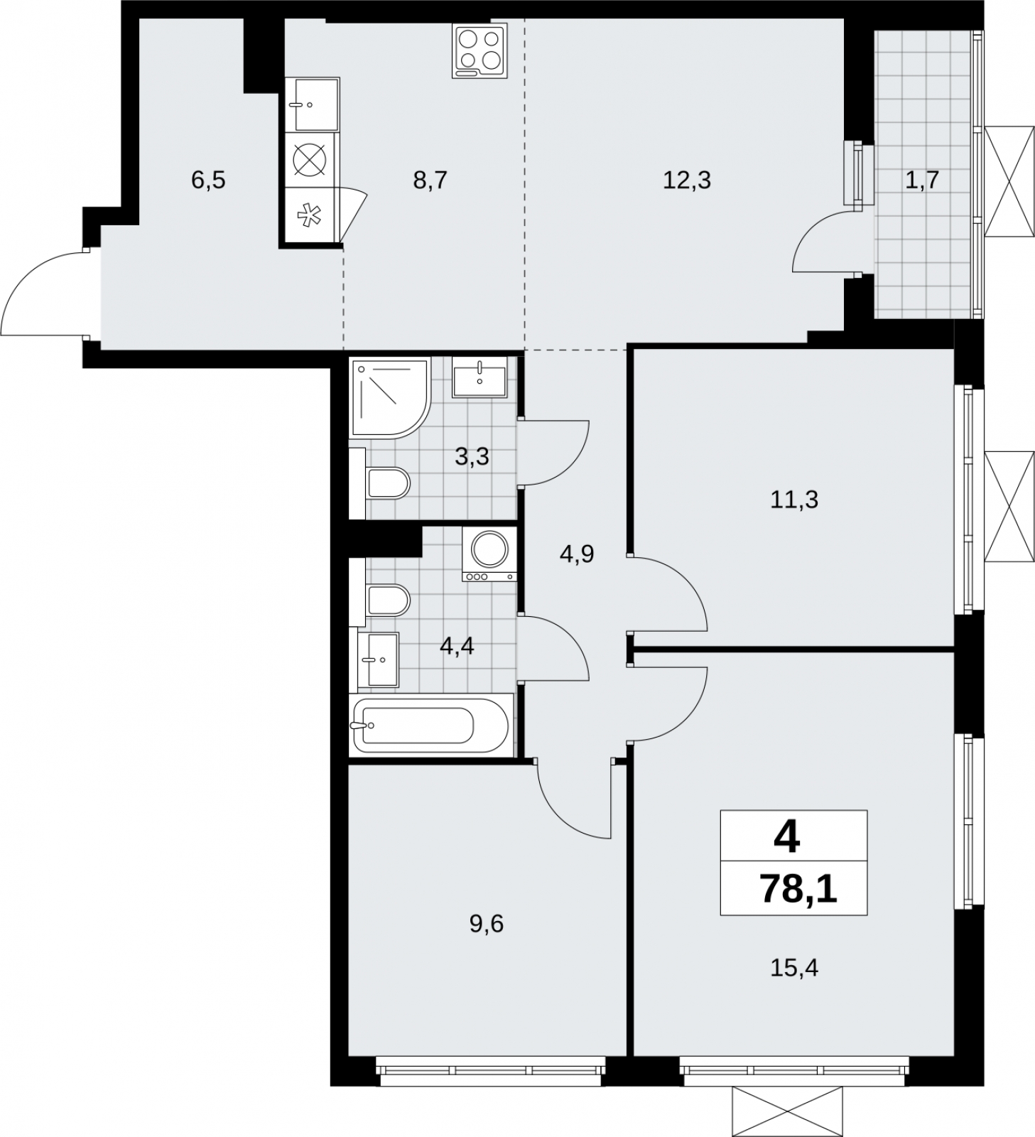 3-комнатная квартира в ЖК Holland park на 4 этаже в 4 секции. Сдача в 4 кв. 2023 г.