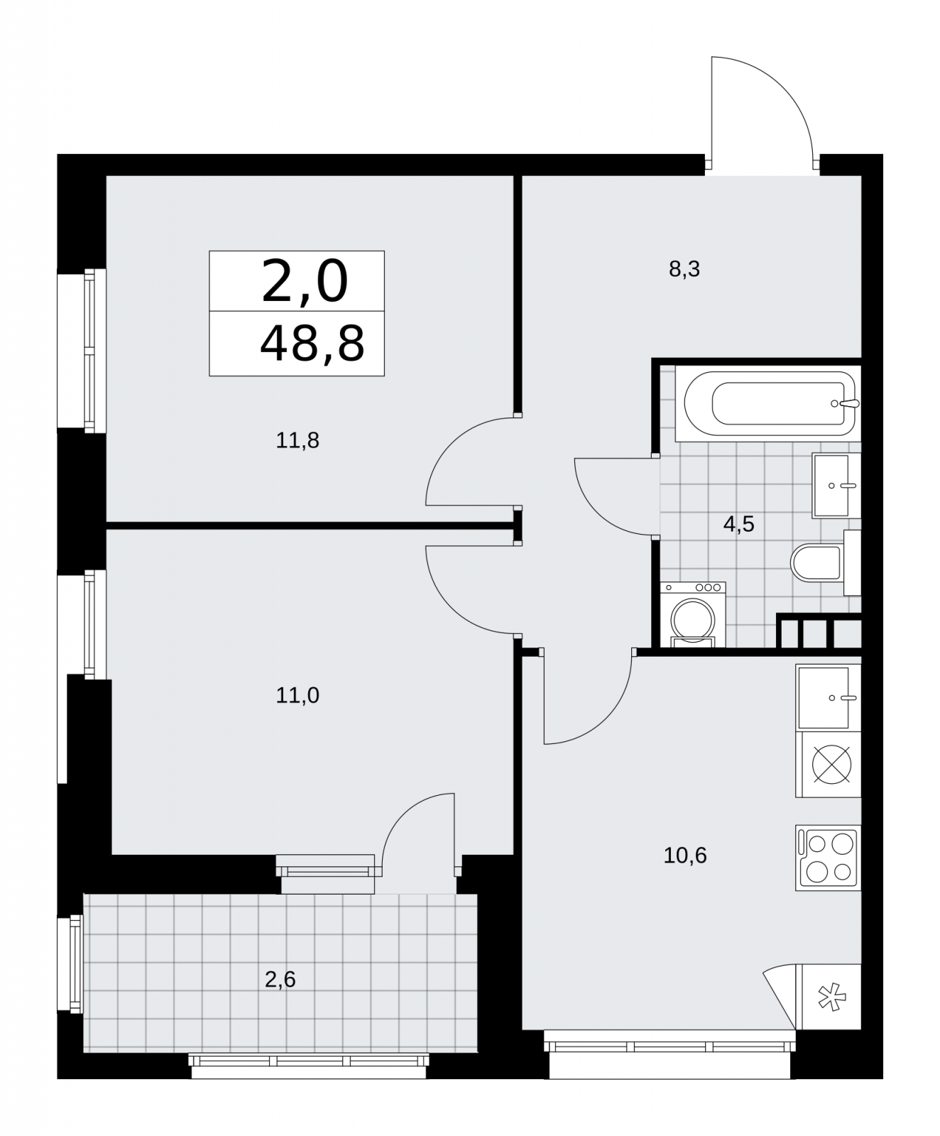 2-комнатная квартира в ЖК TERLE PARK на 12 этаже в 2 секции. Сдача в 4 кв. 2025 г.