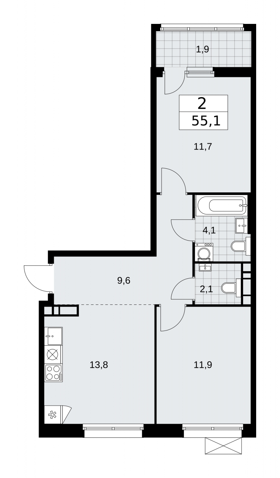 2-комнатная квартира с отделкой в Велнес-квартал Никольский на 3 этаже в 4 секции. Сдача в 4 кв. 2024 г.