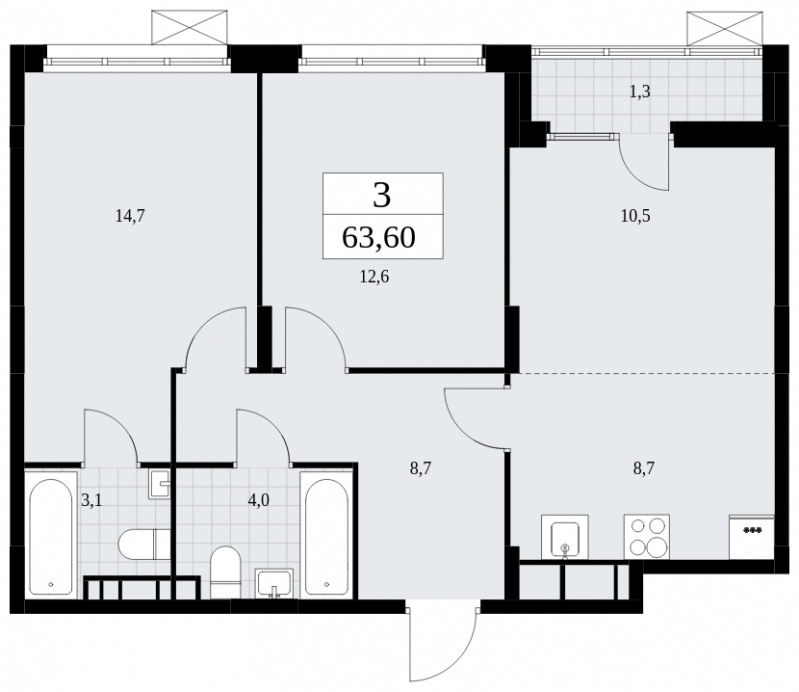 3-комнатная квартира с отделкой в ЖК Прео на 11 этаже в 1 секции. Сдача в 4 кв. 2024 г.