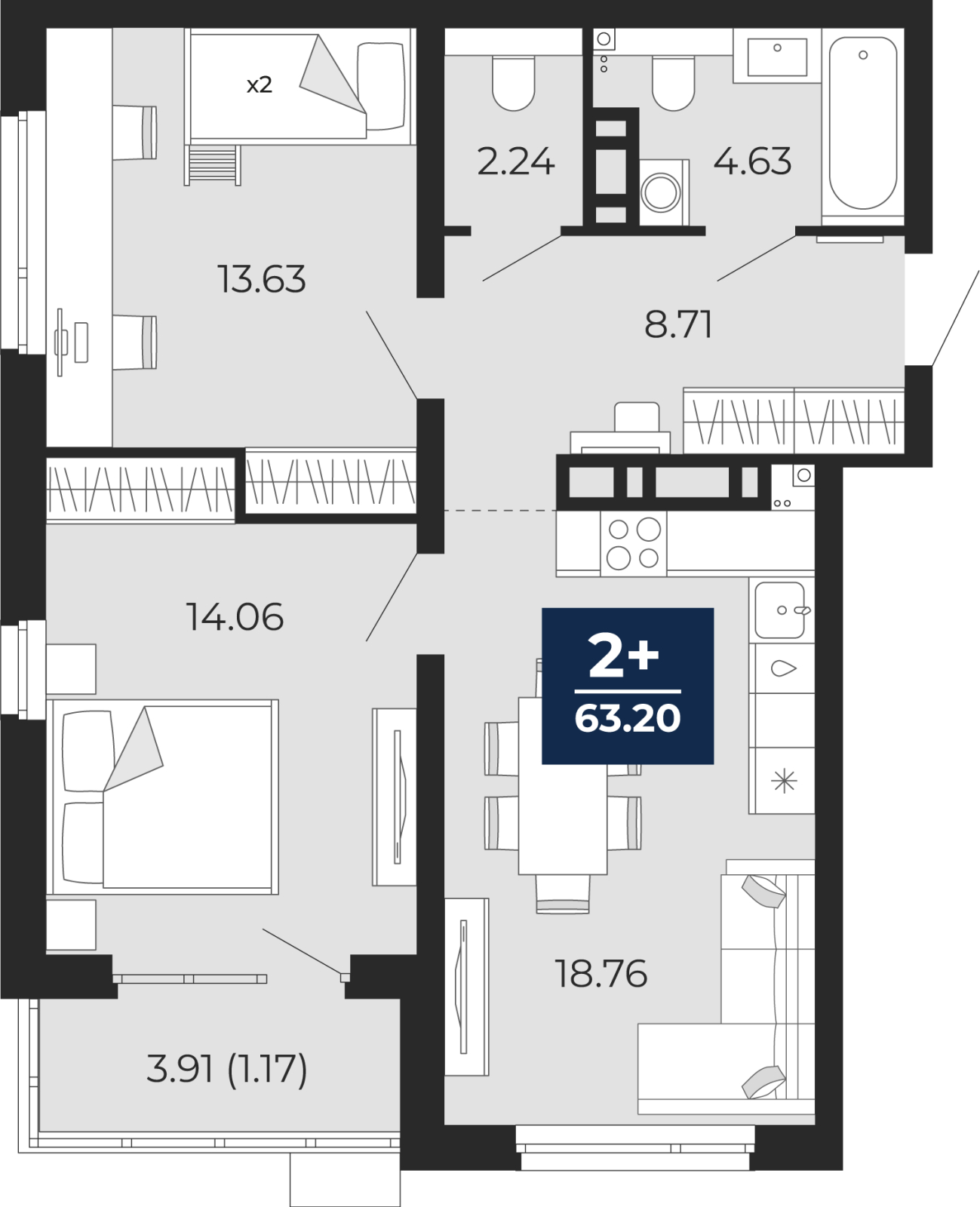 2-комнатная квартира в ЖК Бунинские кварталы на 15 этаже в 1 секции. Сдача в 2 кв. 2026 г.