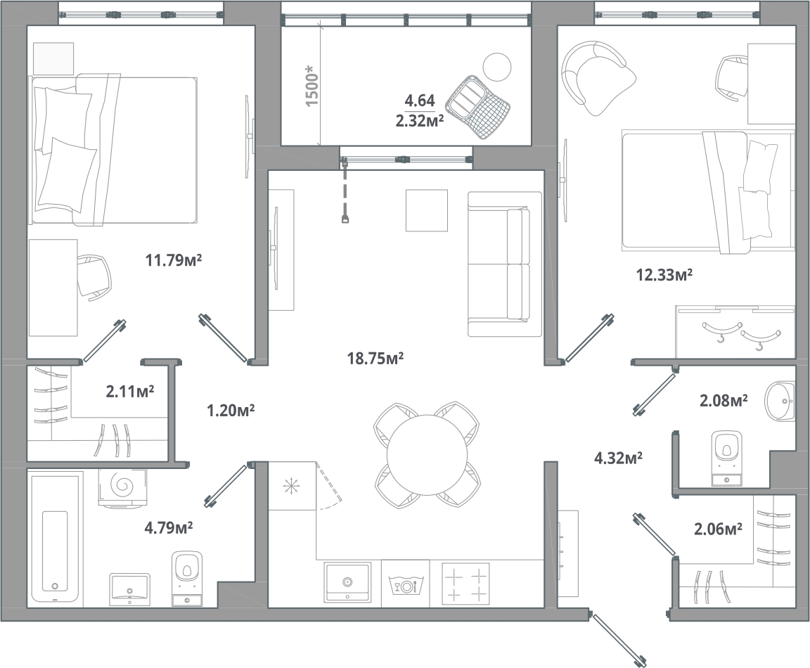 1-комнатная квартира с отделкой в Велнес-квартал Никольский на 2 этаже в 2 секции. Сдача в 4 кв. 2024 г.