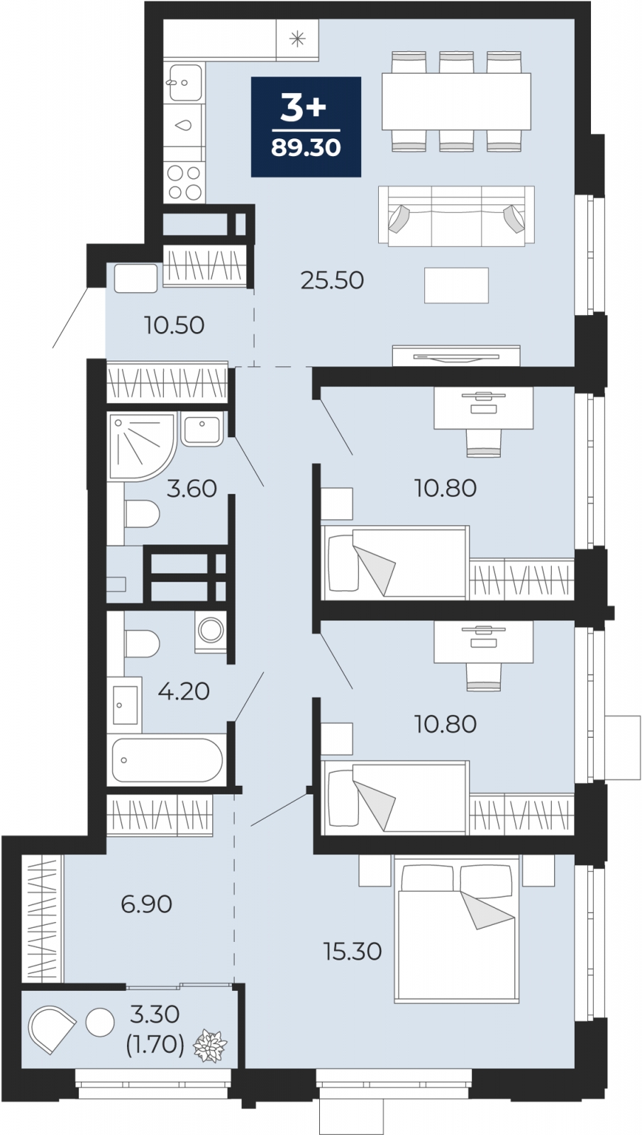 2-комнатная квартира в ЖК КутузовGRAD 2 на 3 этаже в 1 секции. Сдача в 3 кв. 2022 г.