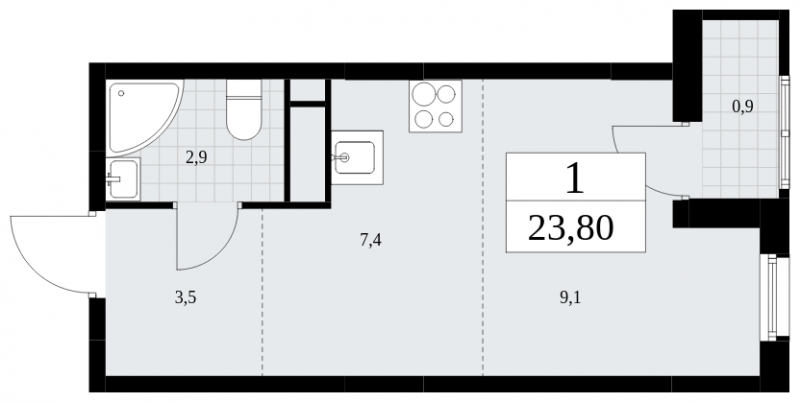 1-комнатная квартира (Студия) в ЖК Скандинавия на 13 этаже в 1 секции. Сдача в 4 кв. 2024 г.