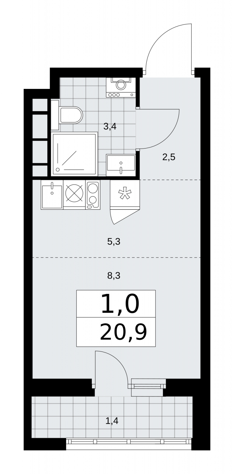 1-комнатная квартира с отделкой в ЖК Айвазовский City на 2 этаже в 7.5 секции. Сдача в 3 кв. 2026 г.