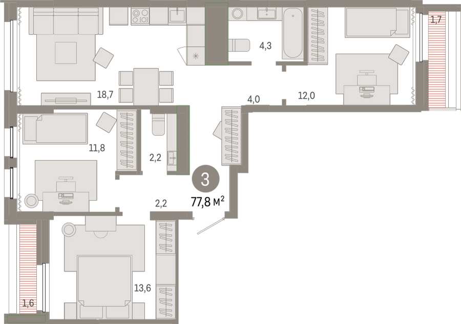 3-комнатная квартира с отделкой в ЖК Айвазовский City на 16 этаже в 3 секции. Дом сдан.