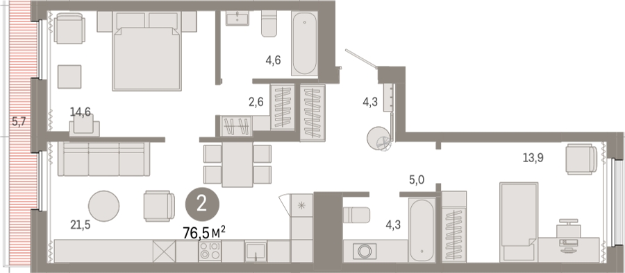 2-комнатная квартира с отделкой в ЖК Айвазовский City на 5 этаже в 7.4 секции. Сдача в 3 кв. 2026 г.