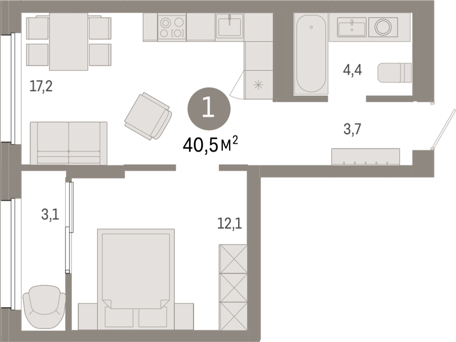 1-комнатная квартира с отделкой в ЖК Айвазовский City на 12 этаже в 7.3 секции. Сдача в 3 кв. 2026 г.