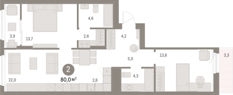 2-комнатная квартира с отделкой в ЖК Айвазовский City на 19 этаже в 7.1 секции. Сдача в 3 кв. 2026 г.
