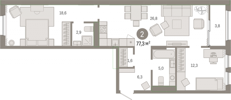 2-комнатная квартира с отделкой в Велнес-квартал Никольский на 1 этаже в 1 секции. Сдача в 4 кв. 2024 г.