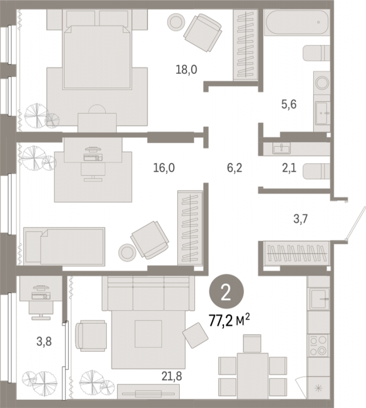2-комнатная квартира с отделкой в Квартал Депо на 2 этаже в 3 секции. Сдача в 2 кв. 2024 г.