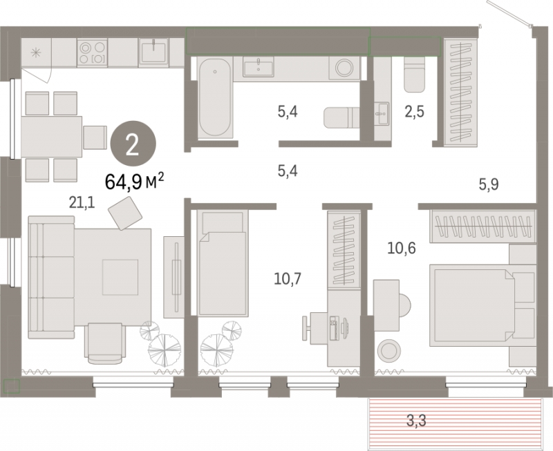 2-комнатная квартира с отделкой в Квартал Депо на 7 этаже в 3 секции. Сдача в 2 кв. 2024 г.