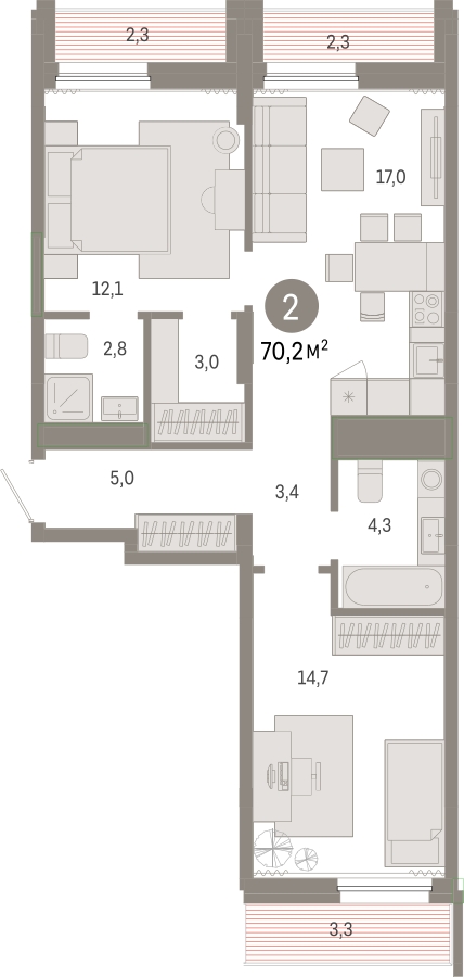 2-комнатная квартира с отделкой в ЖК Прео на 13 этаже в 2 секции. Сдача в 4 кв. 2025 г.