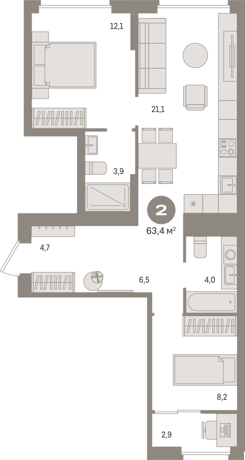 2-комнатная квартира с отделкой в ЖК Айвазовский City на 10 этаже в 7.1 секции. Сдача в 3 кв. 2026 г.