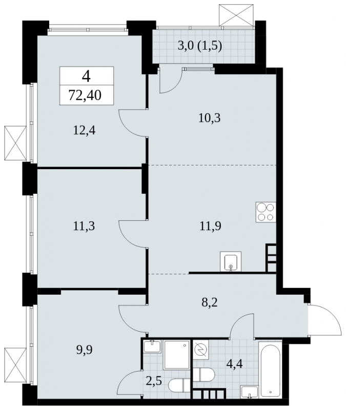 1-комнатная квартира (Студия) в ЖК Скандинавия на 12 этаже в 1 секции. Сдача в 4 кв. 2024 г.