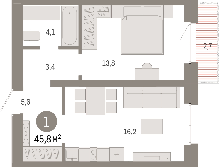 1-комнатная квартира (Студия) с отделкой в ЖК Айвазовский City на 5 этаже в 7.1 секции. Сдача в 3 кв. 2026 г.