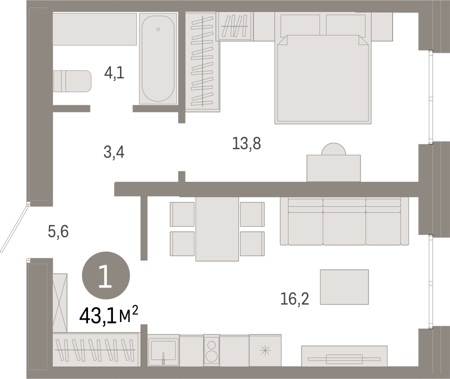 1-комнатная квартира с отделкой в ЖК Айвазовский City на 5 этаже в 7.1 секции. Сдача в 3 кв. 2026 г.