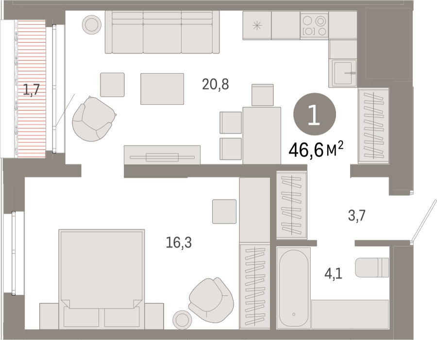 2-комнатная квартира с отделкой в ЖК Айвазовский City на 4 этаже в 7.1 секции. Сдача в 3 кв. 2026 г.