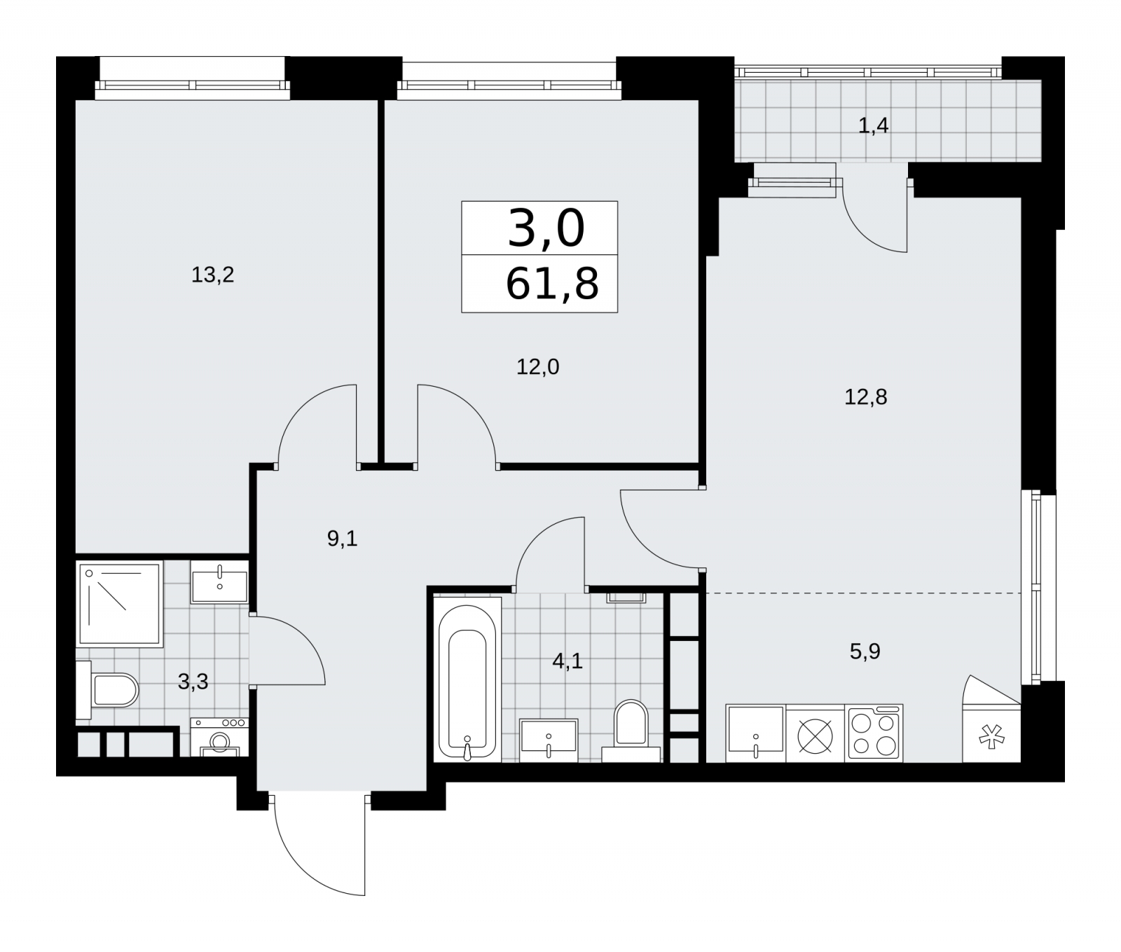 3-комнатная квартира с отделкой в Жилой район Южные кварталы на 9 этаже в 2 секции. Сдача в 1 кв. 2024 г.