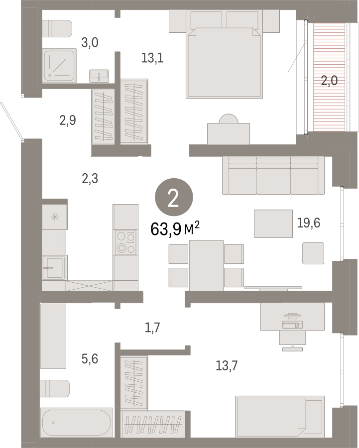 2-комнатная квартира с отделкой в ЖК Айвазовский City на 15 этаже в 7.2 секции. Сдача в 3 кв. 2026 г.