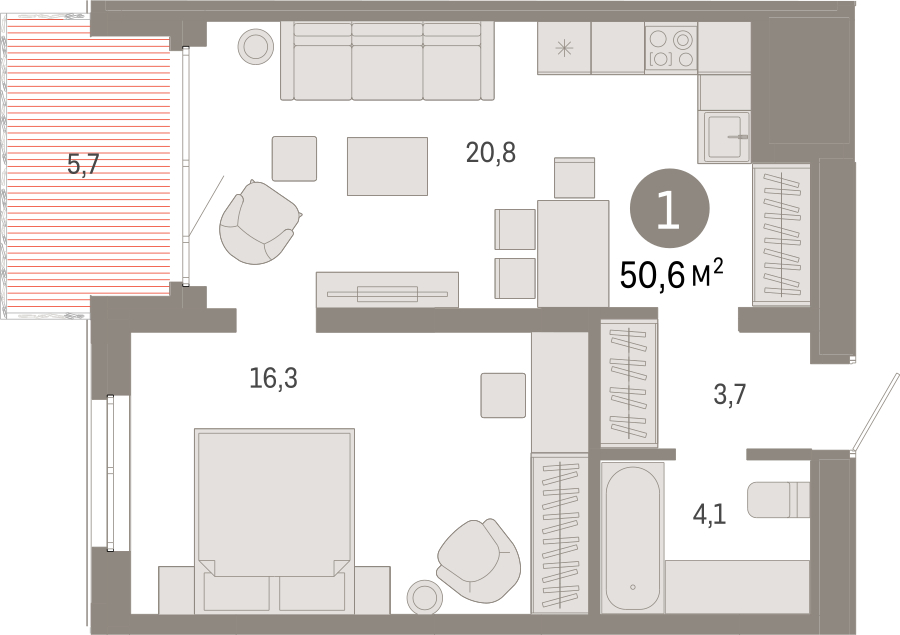 1-комнатная квартира с отделкой в ЖК Айвазовский City на 7 этаже в 7.2 секции. Сдача в 3 кв. 2026 г.