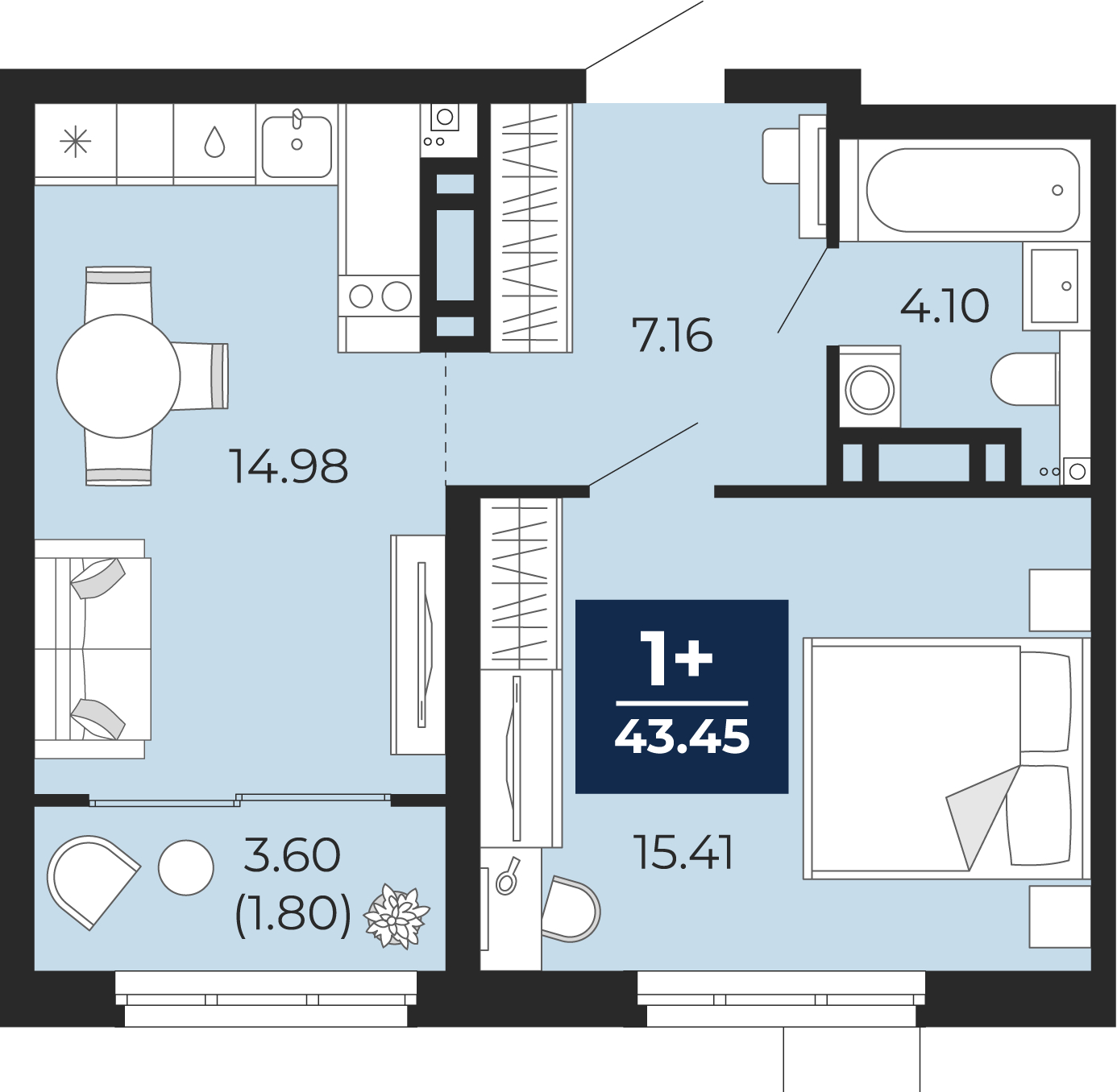 1-комнатная квартира с отделкой в ЖК Айвазовский City на 4 этаже в 7.2 секции. Сдача в 3 кв. 2026 г.