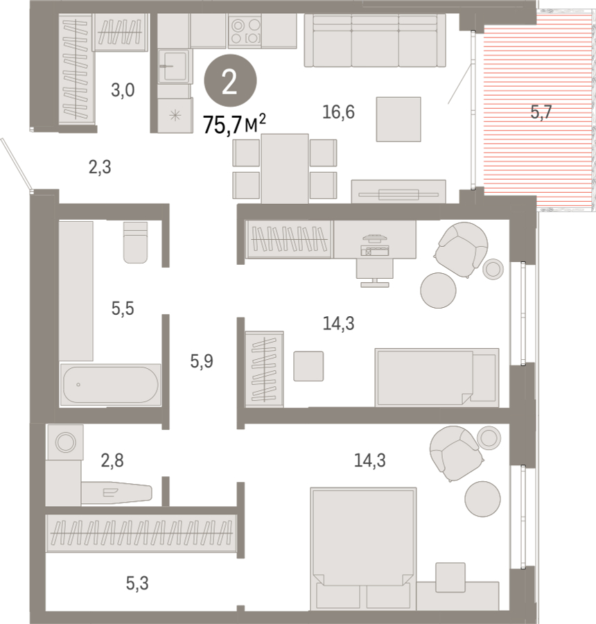 3-комнатная квартира с отделкой в Жилой район Южные кварталы на 2 этаже в 8 секции. Сдача в 3 кв. 2026 г.
