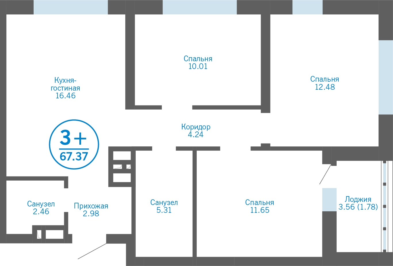 3-комнатная квартира в ЖК КутузовGRAD 2 на 7 этаже в 1 секции. Сдача в 3 кв. 2022 г.