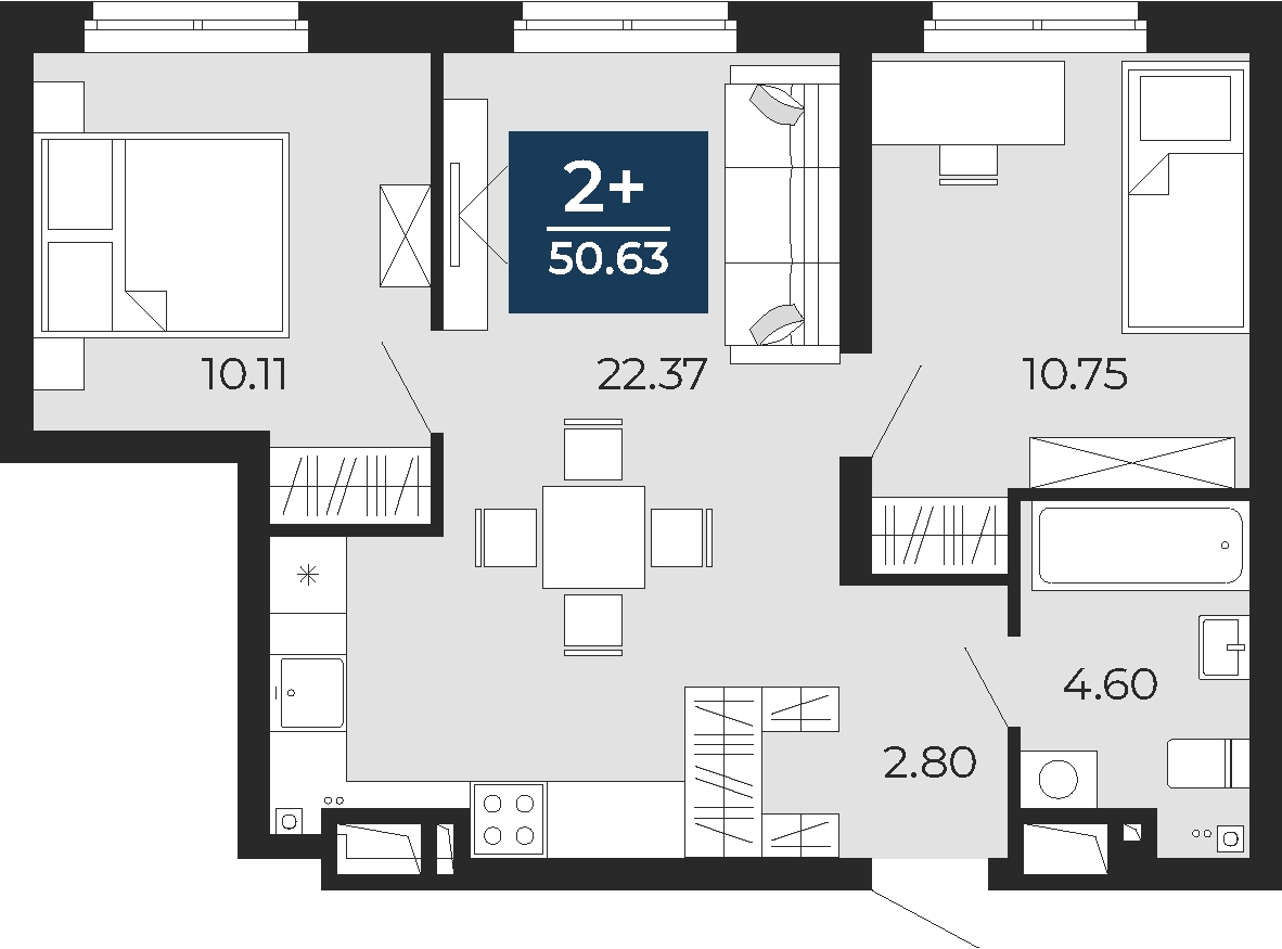 3-комнатная квартира в ЖК КутузовGRAD 2 на 12 этаже в 1 секции. Сдача в 3 кв. 2022 г.