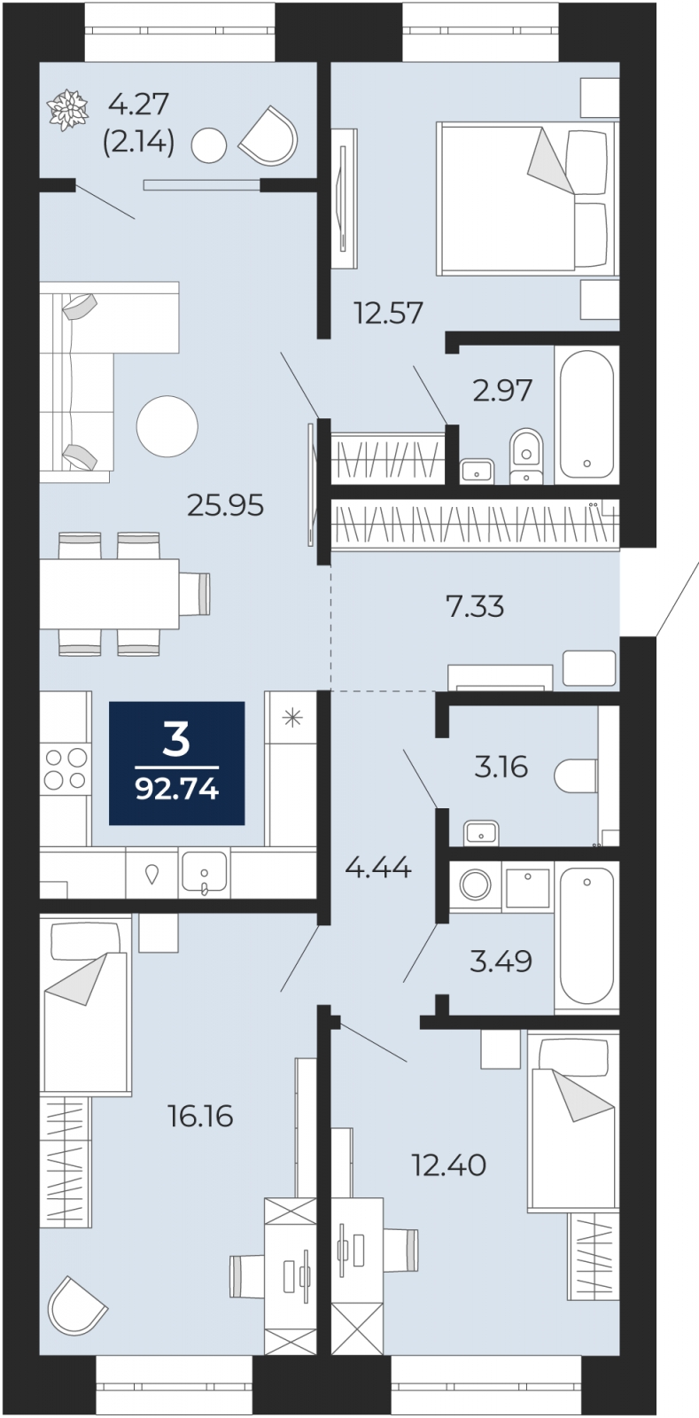 3-комнатная квартира с отделкой в ЖК Прео на 14 этаже в 1 секции. Сдача в 4 кв. 2025 г.