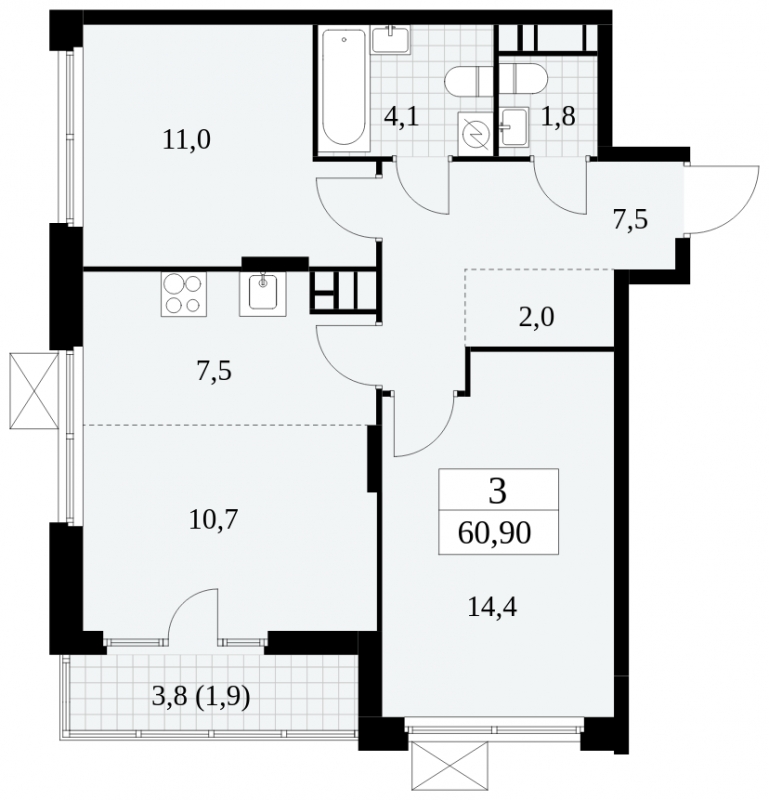 3-комнатная квартира в ЖК Скандинавия на 8 этаже в 2 секции. Сдача в 4 кв. 2024 г.