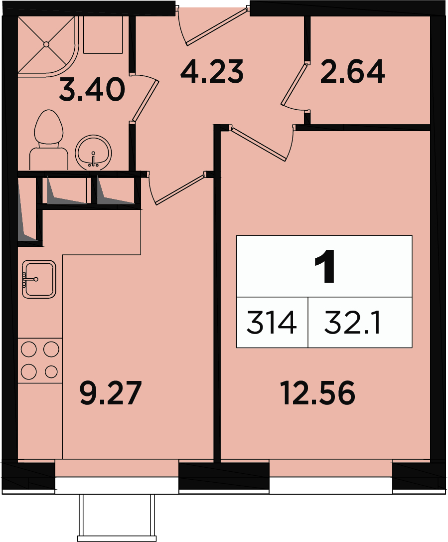 1-комнатная квартира (Студия) в мкр. Новое Медведково на 2 этаже в 3 секции. Сдача в 4 кв. 2023 г.