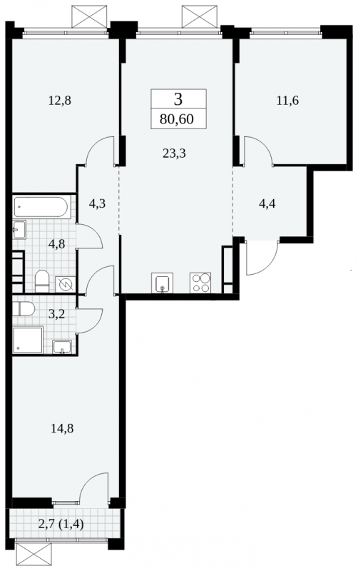 3-комнатная квартира в ЖК Скандинавия на 10 этаже в 2 секции. Сдача в 4 кв. 2024 г.