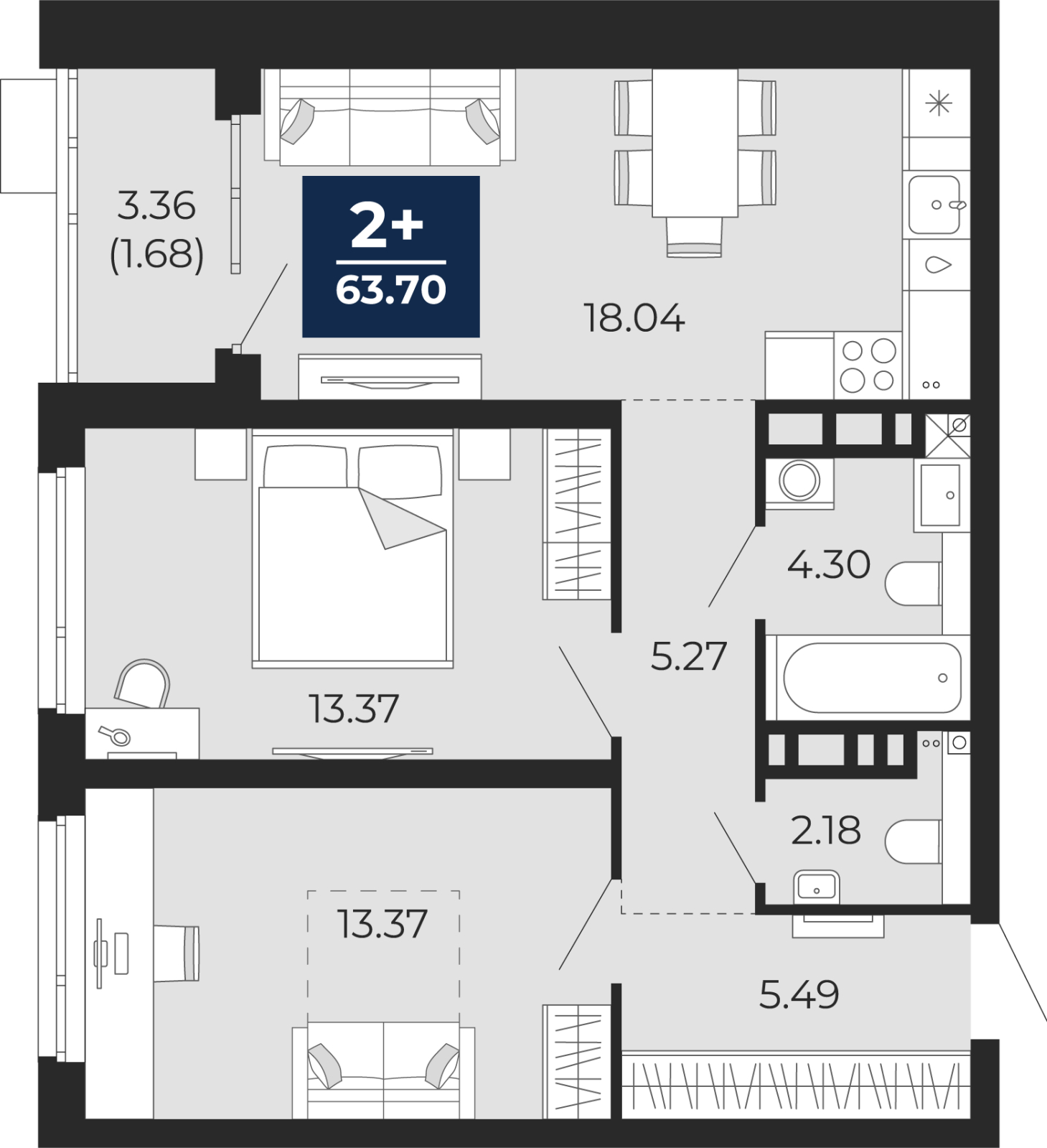 2-комнатная квартира с отделкой в Квартал Депо на 15 этаже в 1 секции. Сдача в 2 кв. 2024 г.