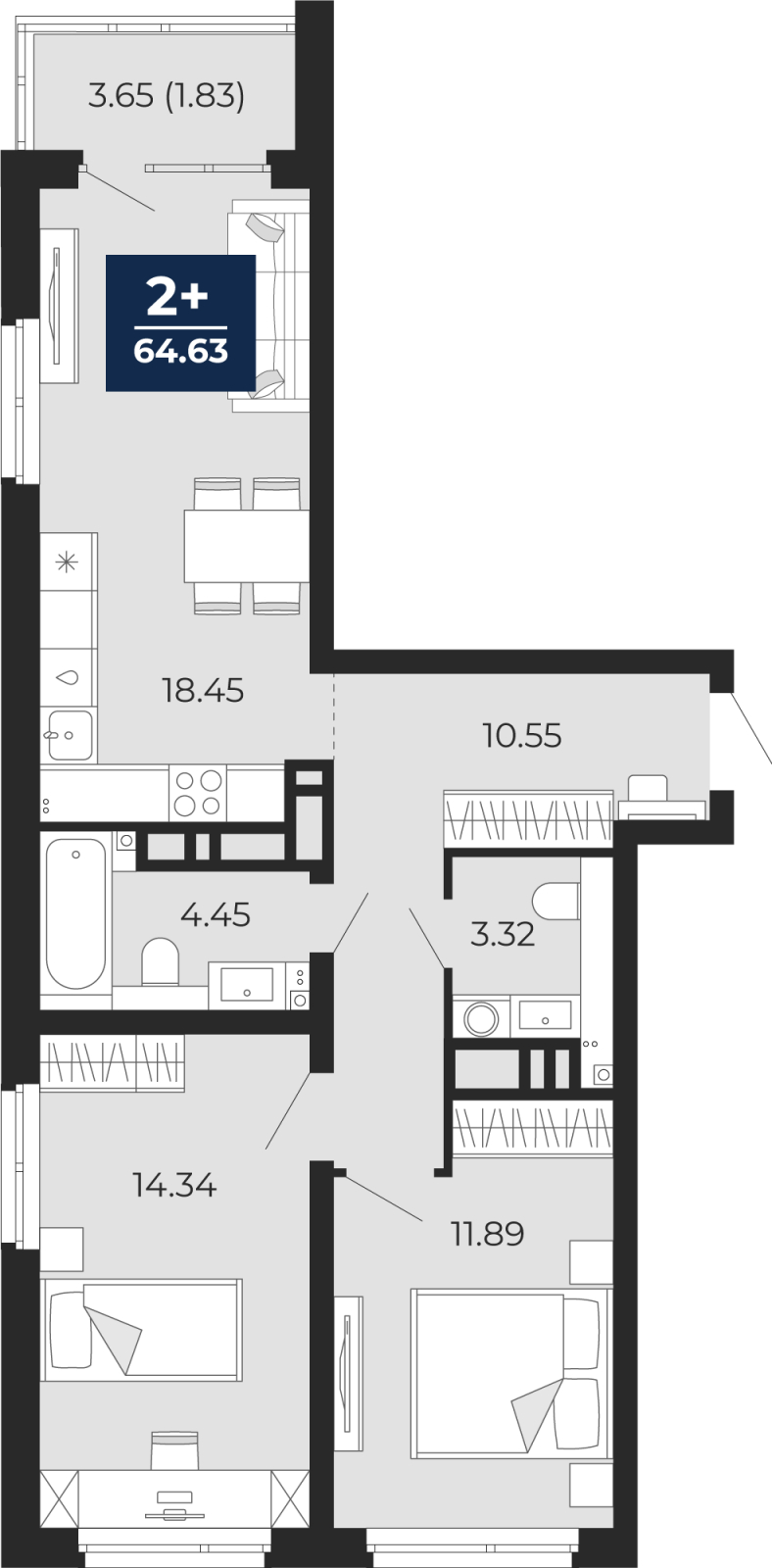 2-комнатная квартира с отделкой в ЖК Прео на 19 этаже в 1 секции. Сдача в 4 кв. 2025 г.
