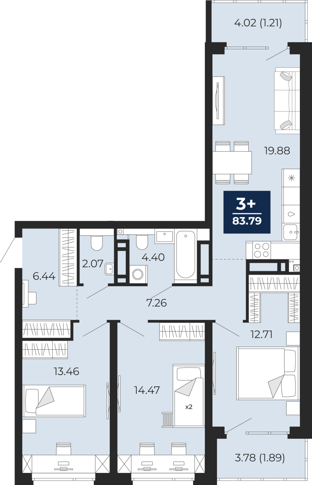 3-комнатная квартира с отделкой в ЖК Прео на 20 этаже в 2 секции. Сдача в 4 кв. 2025 г.