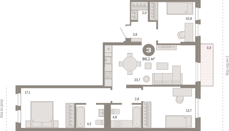 3-комнатная квартира с отделкой в ЖК Дзен-кварталы на 14 этаже в 1 секции. Сдача в 1 кв. 2025 г.